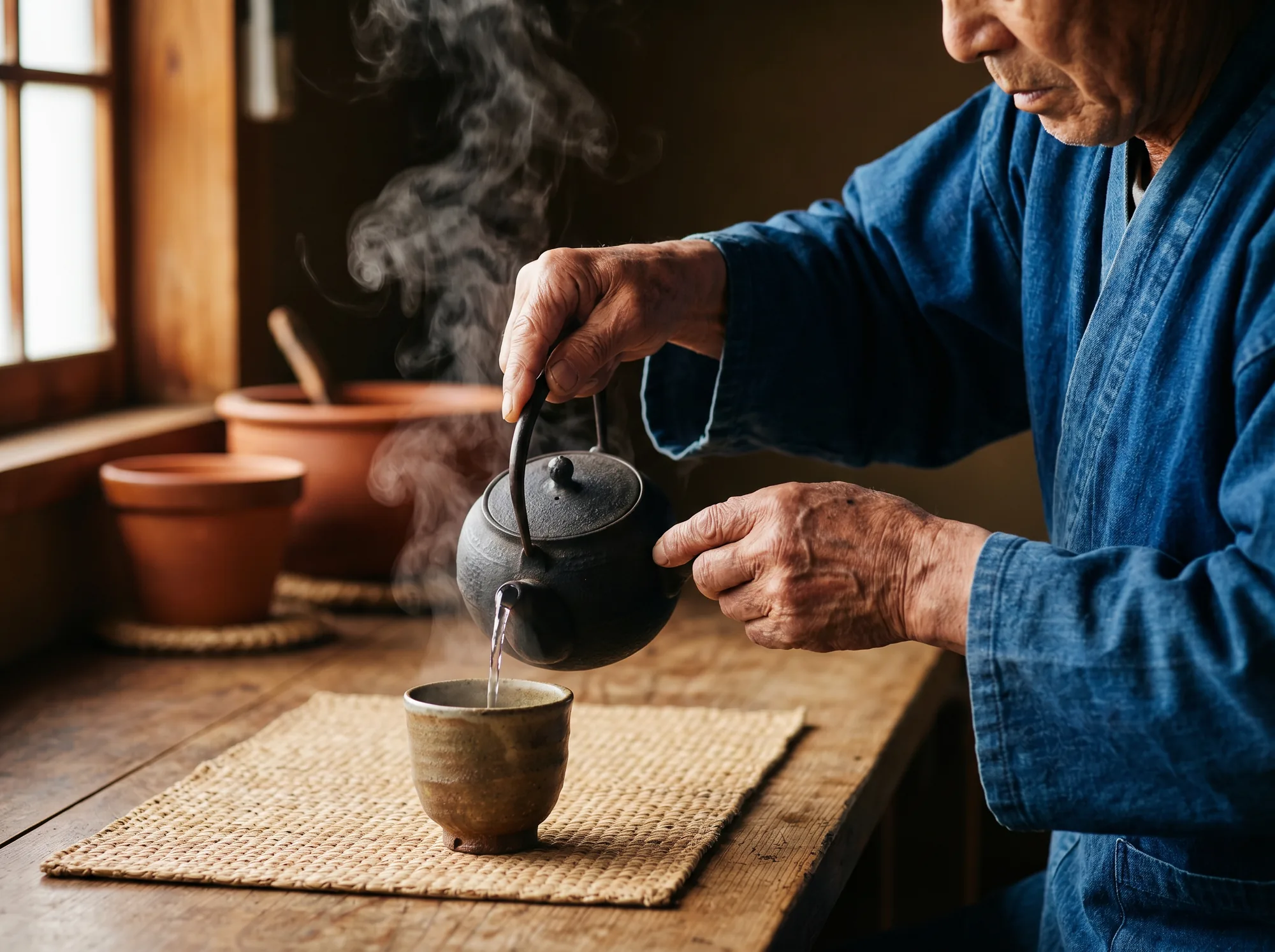 丁寧に湯を注ぐ手元